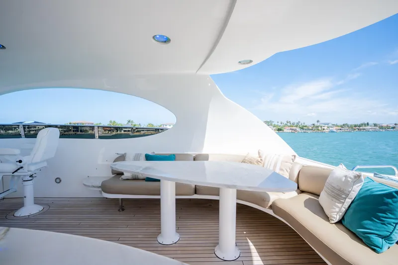 Slide: The Image of Luxurious 2001 Lazzara 94 yacht deck with elegant seating and ocean view. - 37