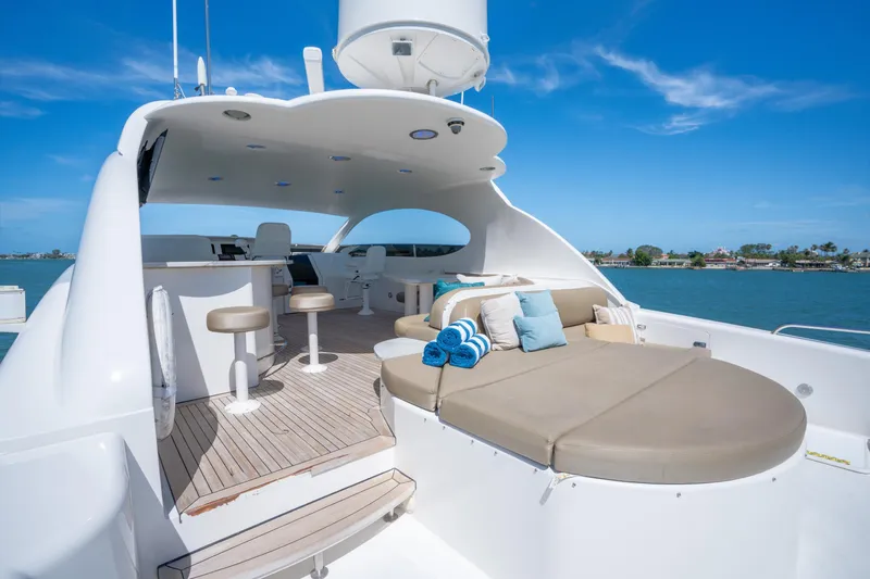 Slide: The Image of Luxurious 2001 Lazzara 94 yacht deck with seating, ocean view, and clear blue sky. - 36