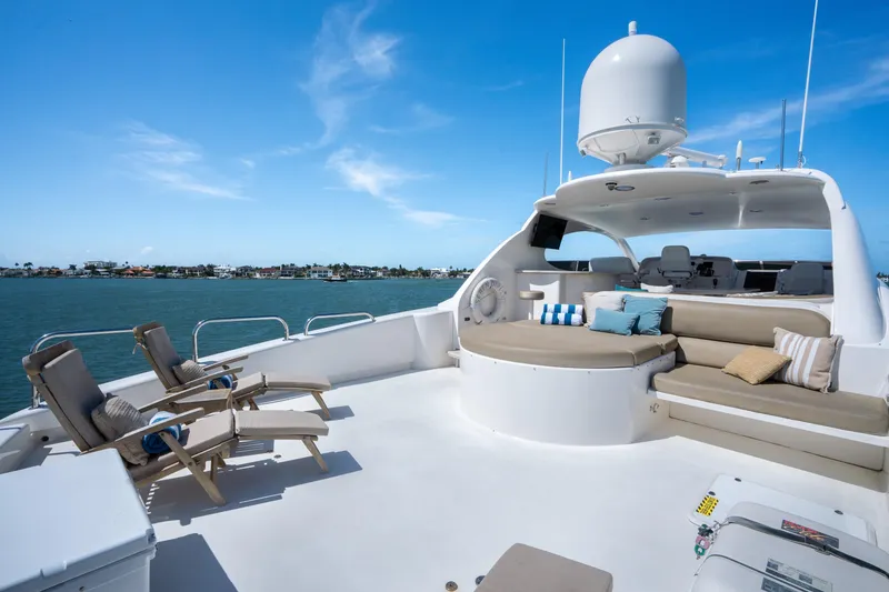 Slide: The Image of Luxurious 2001 Lazzara 94 yacht deck with seating, ocean view, and clear blue sky. - 33