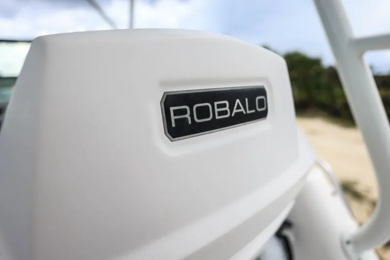 Slide: The Image of Close-up of 2018 Robalo R305 Walkaround boat logo on white surface. - 36