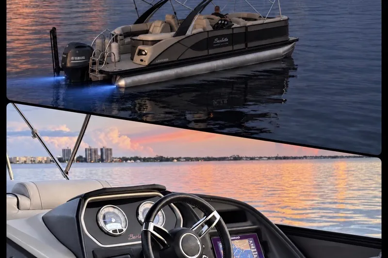 Slide: The Image of 2020 Barletta L-CLASS L25QCSSA pontoon boat on water at sunset, featuring modern dashboard. - 18