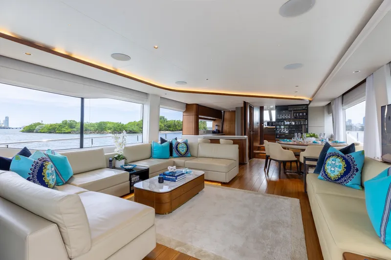 Slide: The Image of Luxurious interior of 2021 Princess Y85 yacht with elegant seating and scenic views. - 26