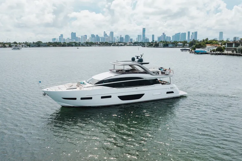 The Image of Luxurious 2021 Princess Y85 yacht cruising near a city skyline on a sunny day. - 0