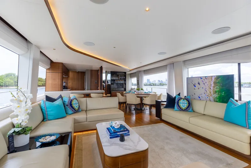 Slide: The Image of Luxurious interior of 2021 Princess Y85 yacht with elegant seating and panoramic windows. - 27