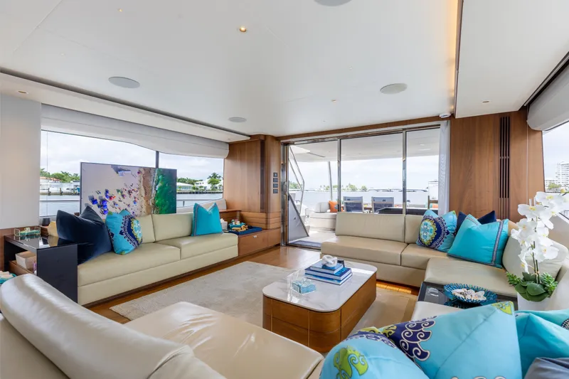 Slide: The Image of Luxurious interior of 2021 Princess Y85 yacht with elegant seating and vibrant decor. - 28