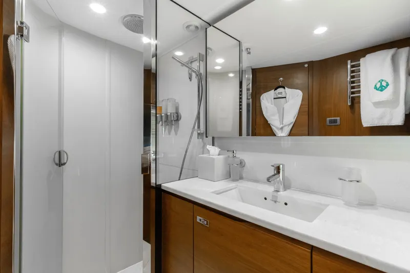 Slide: The Image of Luxurious bathroom in 2021 Princess Y85 yacht with modern fixtures and elegant design. - 49