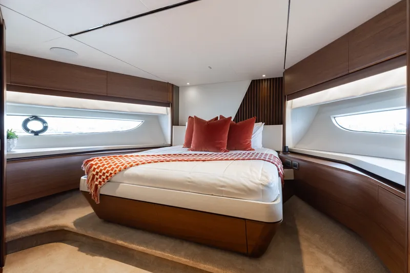Slide: The Image of Luxurious bedroom interior of 2021 Princess Y85 yacht with modern design and elegant decor. - 46