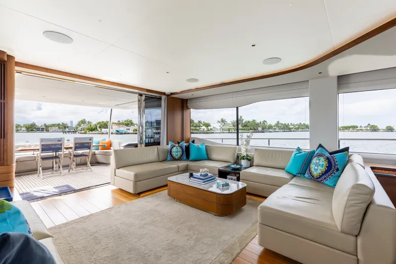 Slide: The Image of Luxurious interior of 2021 Princess Y85 yacht with elegant seating and scenic water views. - 30