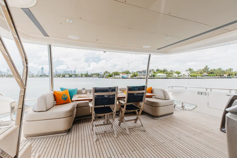 Slide: The Image of Luxurious 2021 Princess Y85 yacht deck with elegant seating and scenic waterfront view. - 24