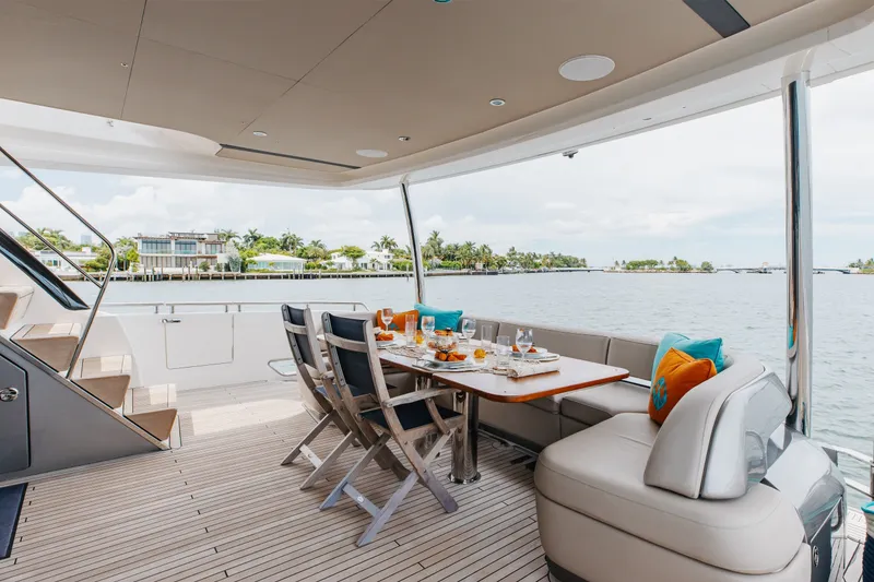 Slide: The Image of Luxurious 2021 Princess Y85 yacht deck with elegant dining setup and scenic waterfront view. - 21