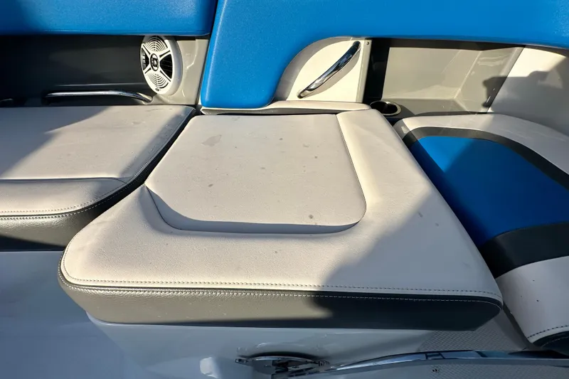Slide: The Image of 2017 Chaparral Vortex 203 VRX boat interior with blue and gray seating. - 61