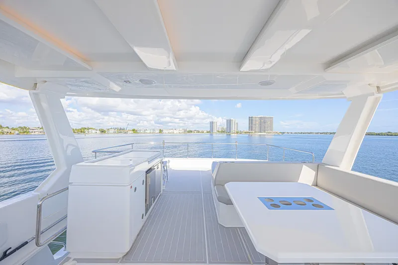 Slide: The Image of Luxurious 2025 Leopard 53 Powercat yacht deck with ocean view and modern seating area. - 25