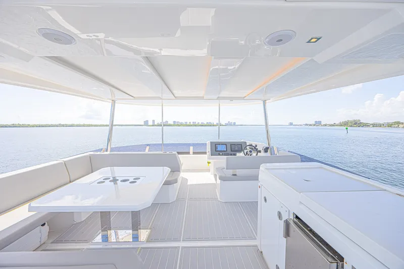 Slide: The Image of Luxurious 2025 Leopard 53 Powercat yacht interior with modern seating and ocean view. - 21