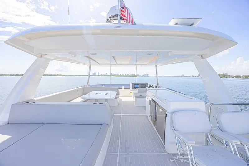 Slide: The Image of Luxurious 2025 Leopard 53 Powercat yacht deck with seating and ocean view. - 19