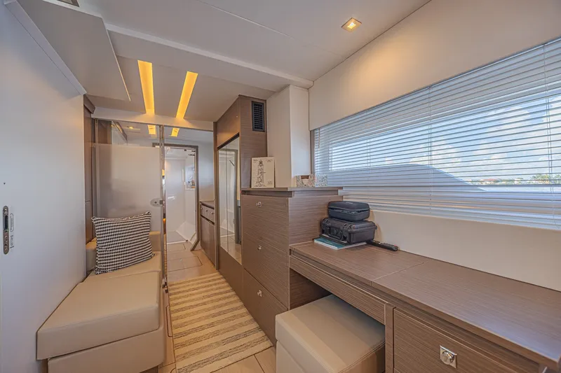 Slide: The Image of Interior of 2025 Leopard 53 Powercat yacht, featuring modern design and comfortable seating. - 58