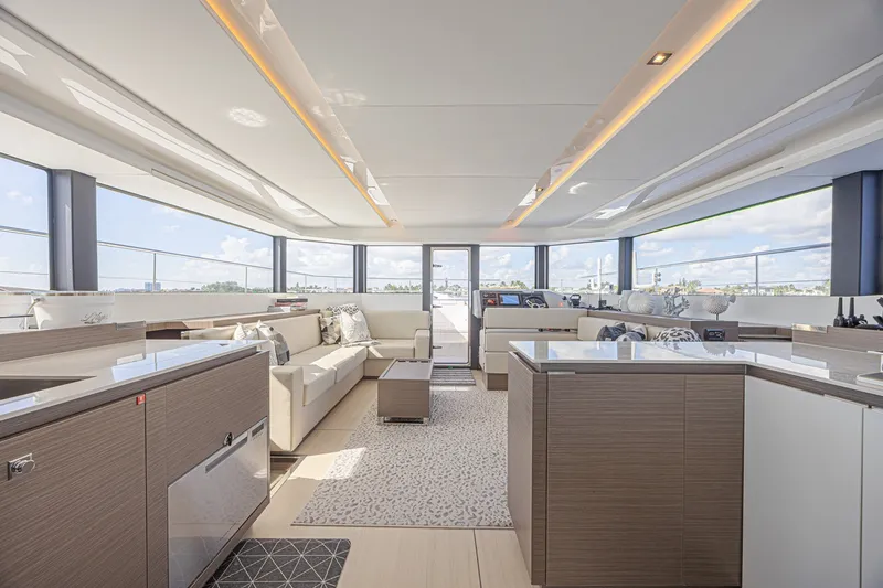 Slide: The Image of Luxurious interior of 2025 Leopard 53 Powercat yacht with modern furnishings and panoramic windows. - 36