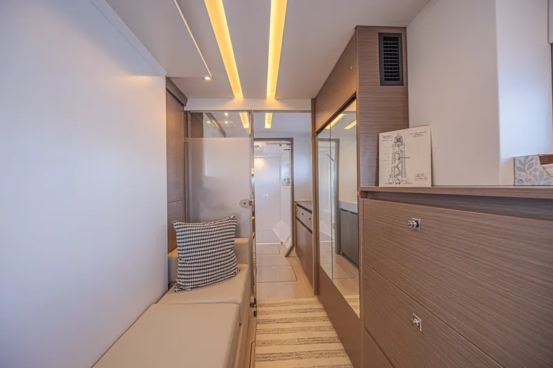 Slide: The Image of Interior of 2025 Leopard 53 Powercat yacht, featuring modern design and comfortable seating. - 59