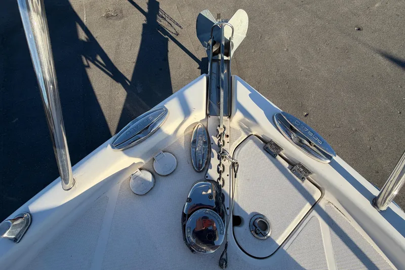 Slide: The Image of 2017 Robalo R265 Walkaround boat anchor and deck details. - 49