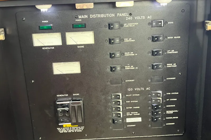 Slide: The Image of Main distribution panel of 2003 Sea Ray 480 Motor Yacht, showing switches and meters. - 152