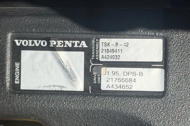 Slide: The Image of Volvo Penta engine label on 2016 Glastron GT 245 boat, showing model and serial numbers. - 82