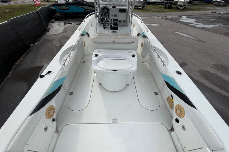 Slide: The Image of 2001 Baja 340 Islander Outboard boat interior with seating and control panel. - 16