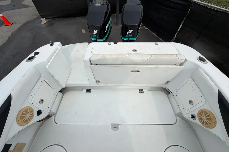Slide: The Image of 2001 Baja 340 Islander Outboard boat deck with twin Mercury 250 engines. - 58