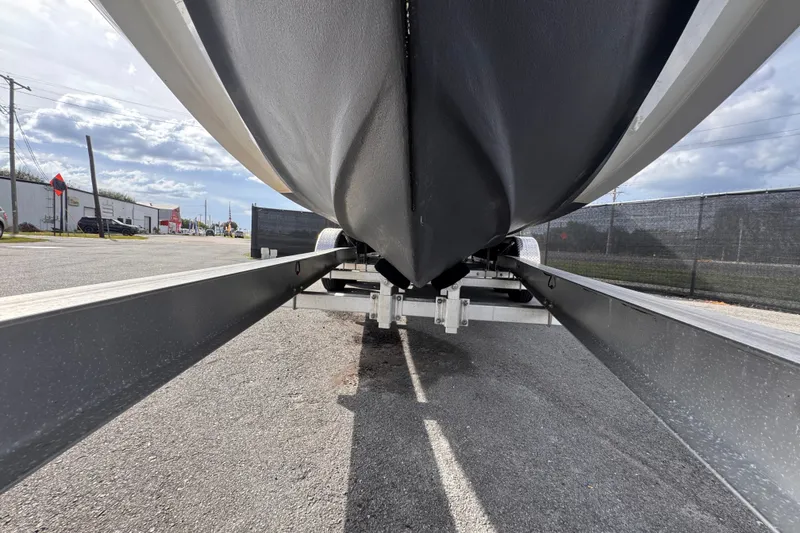 Slide: The Image of 2015 Boston Whaler 270 Vantage boat on trailer, viewed from below. - 18