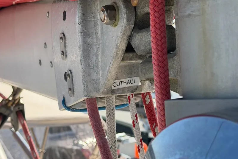 Slide: The Image of Close-up of outhaul mechanism on a 2000 Leopard 38 sailboat. - 107