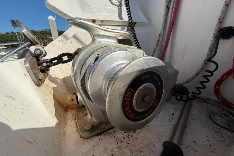Slide: The Image of Anchor windlass on a 2000 Leopard 38 catamaran, featuring Lofrans brand. - 111