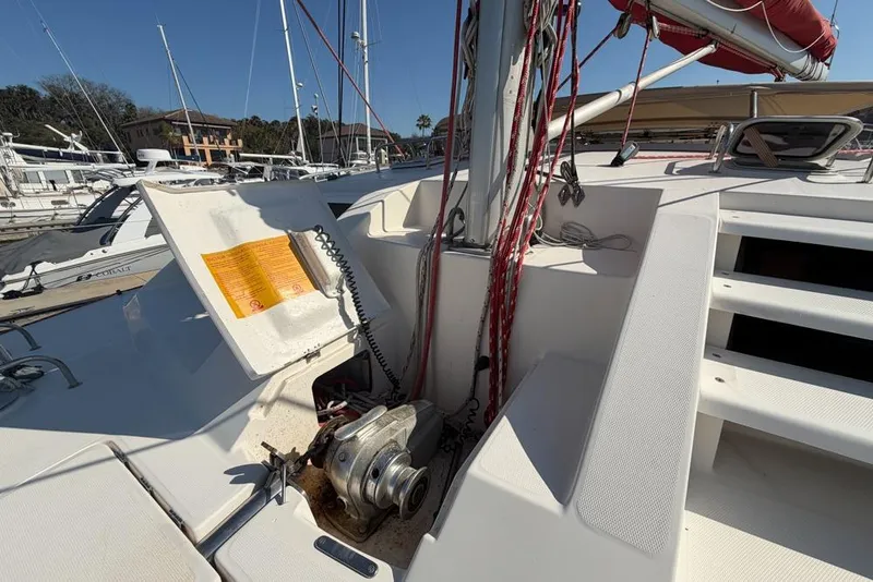 Slide: The Image of Sailboat deck of 2000 Leopard 38 with winch and rigging details. - 110