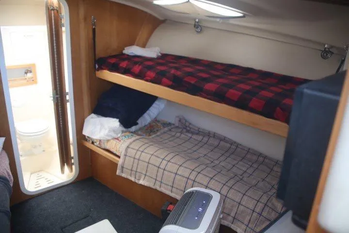 Slide: The Image of Interior of 2000 Luhrs Tournament 290 Open with bunk beds and compact bathroom. - 13