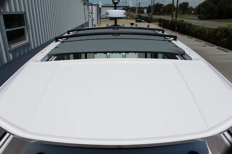 Slide: The Image of Top view of 2022 Axopar 37 XC Cross Cabin Brabus roof and sunroof. - 34