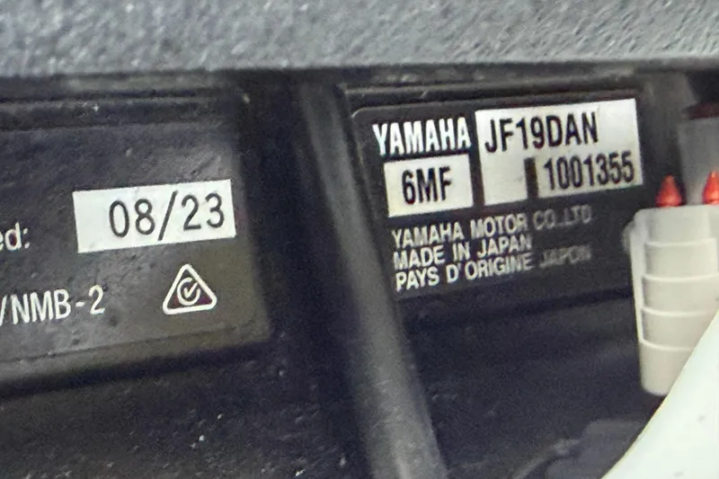 Slide: The Image of Close-up of Yamaha Boats 222XD 2024 model engine label with serial numbers. - 89
