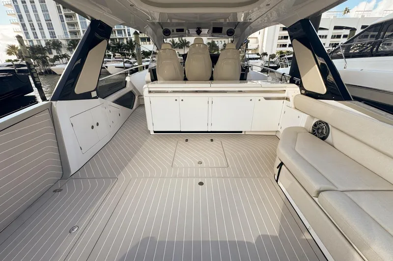 Slide: The Image of 2023 Azimut Verve 47 yacht interior with sleek seating and modern design. - 17