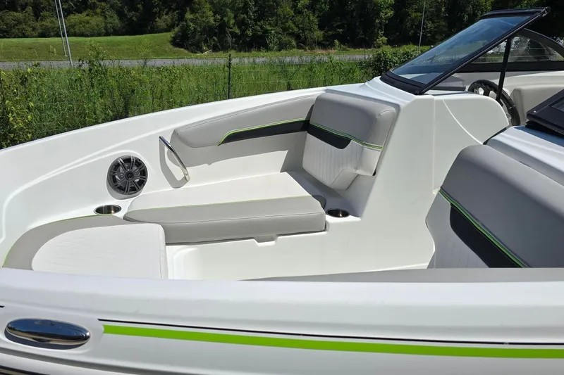 Slide: The Image of Interior of 2018 Tahoe 700 boat with sleek seating and modern design. - 13