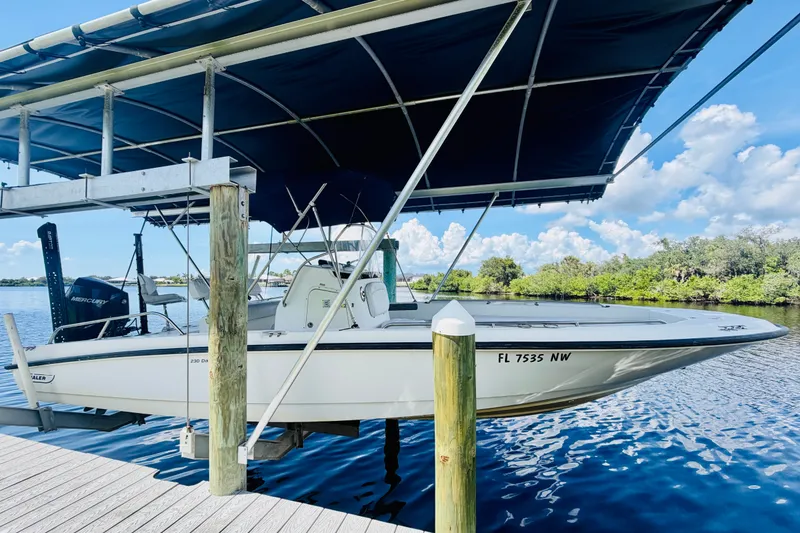 Slide: The Image of Ein Boston Whaler 230 Dauntless von 2006 ist an einem Dock unter einem blauen Dach abgestellt. - 16