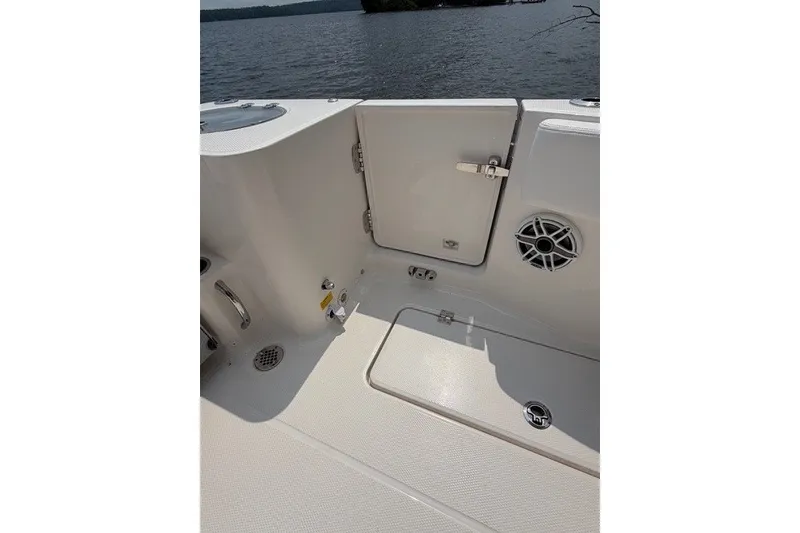 Slide: The Image of 2026 Robalo R270 Center Console boat interior with storage compartment and speaker. - 29