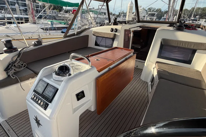 Slide: The Image of 2024 Jeanneau Sun Odyssey 410 cockpit with navigation instruments and seating. - 29