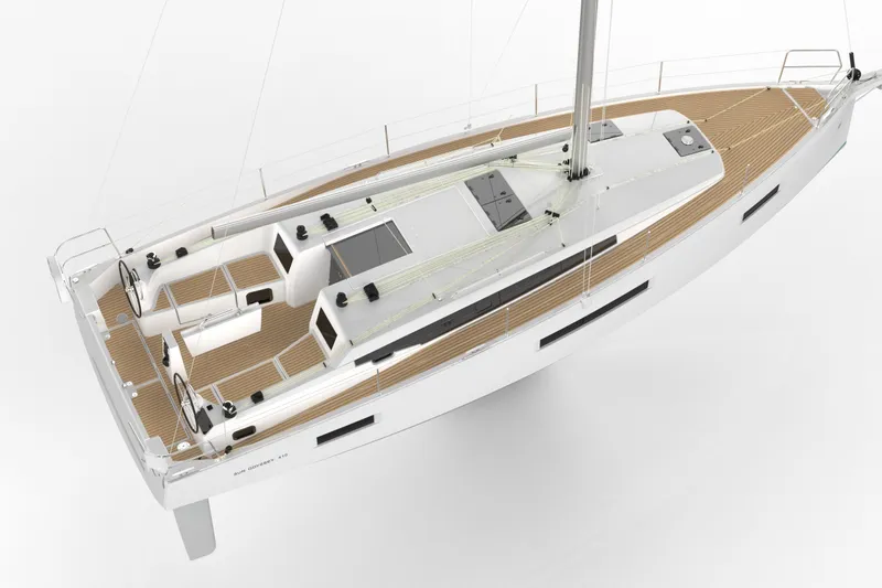 Slide: The Image of 2024 Jeanneau Sun Odyssey 410 sailboat, top view, showcasing sleek design and spacious deck layout. - 22