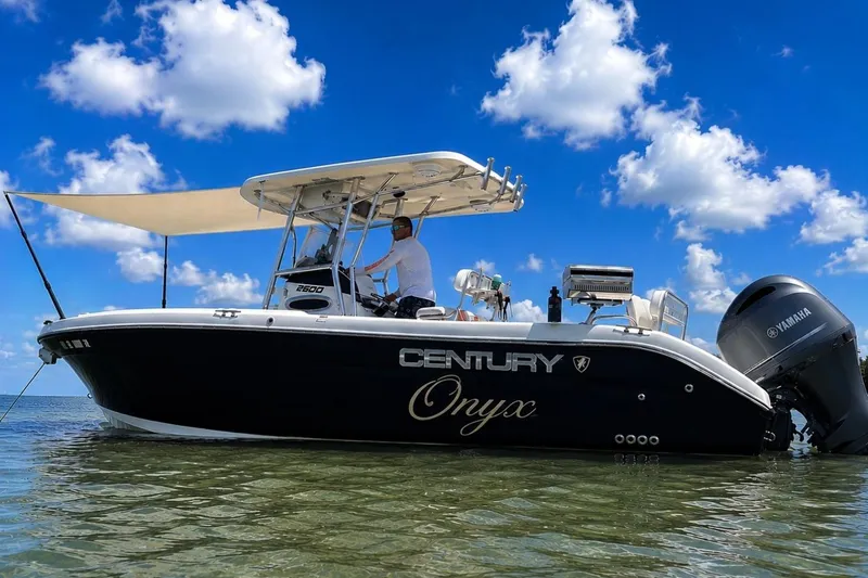 The Image of 2014 Century Onyx boat on water under blue sky with clouds. - 0