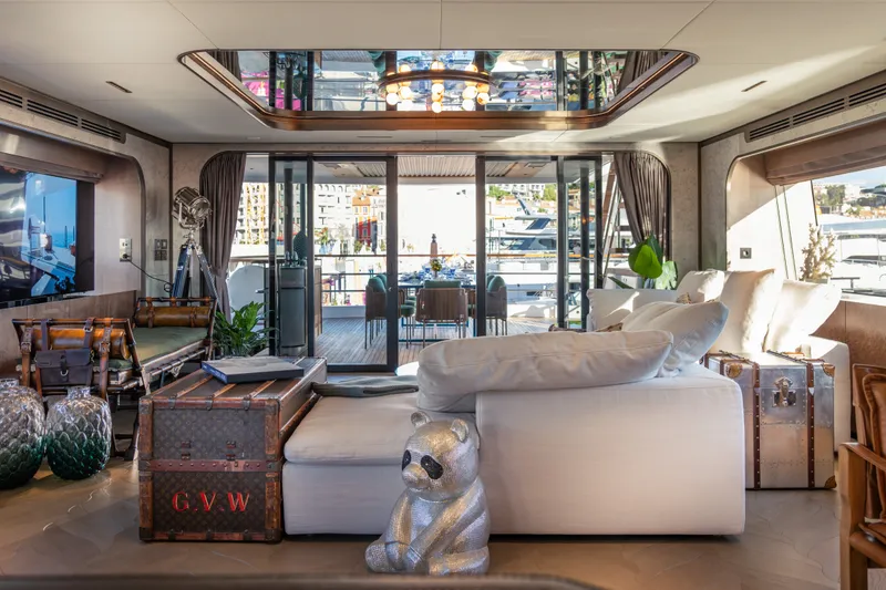 Slide: The Image of Luxurious Sirena 118 yacht interior, featuring elegant decor and spacious seating, 2027 model. - 8
