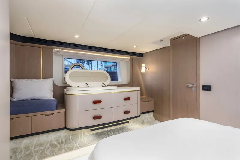 Slide: The Image of Luxurious interior of 2021 Azimut Fly 60 yacht cabin with modern furnishings. - 48