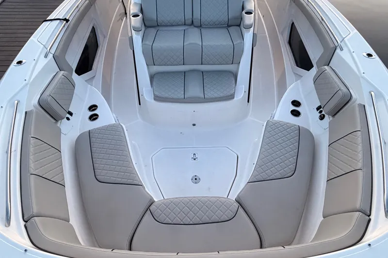 Slide: The Image of 2022 Pursuit S 378 Sport boat interior with luxurious seating and modern design. - 8