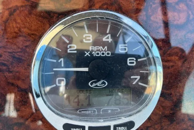 Slide: The Image of Tachometer of 2007 Sea Ray Sundancer 320 showing RPM, volts, and hours. - 16