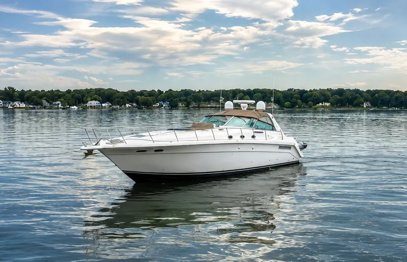 Slide: The Image of A 1999 Sea Ray 500 Sundancer on calm water with a cloudy sky in the background. - 3