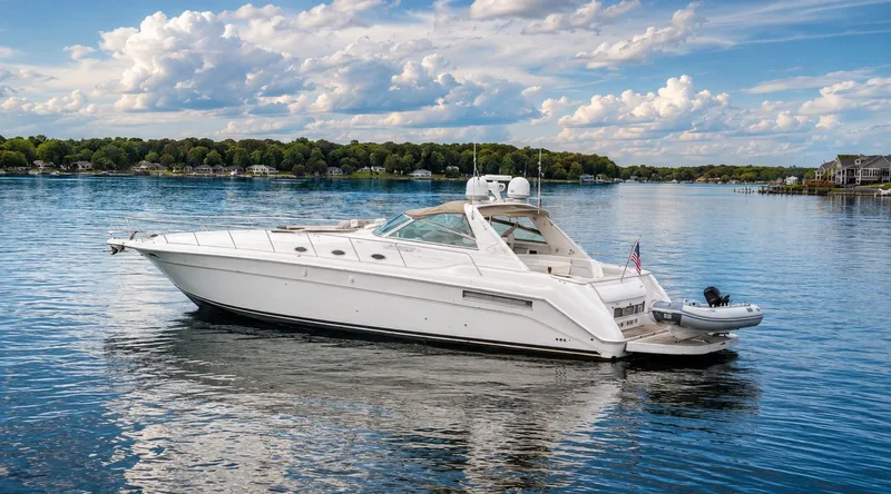 The Image of A white 1999 Sea Ray 500 Sundancer on calm water with a cloudy sky. - 0