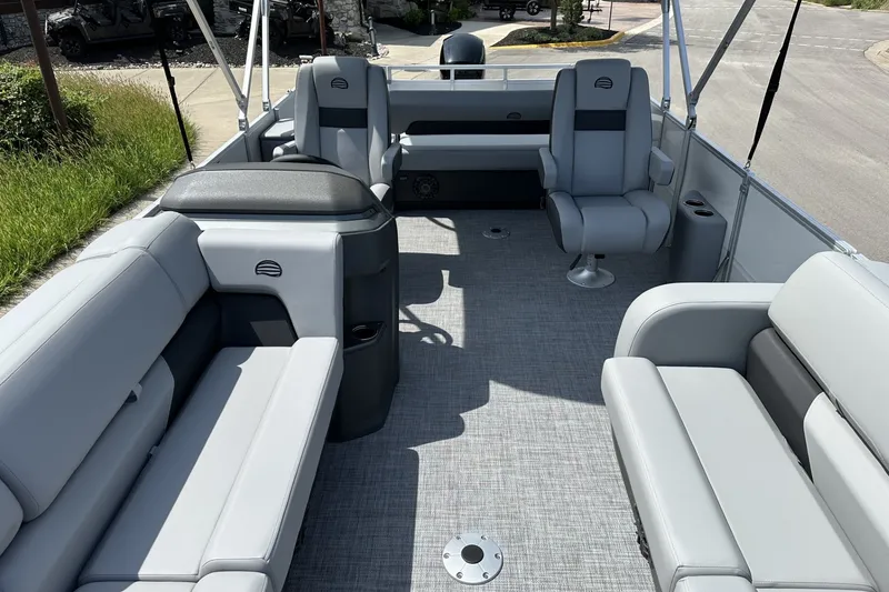 Slide: The Image of 2027 Sun Tracker Party Barge 22 RF DLX interior with spacious seating and modern design. - 13