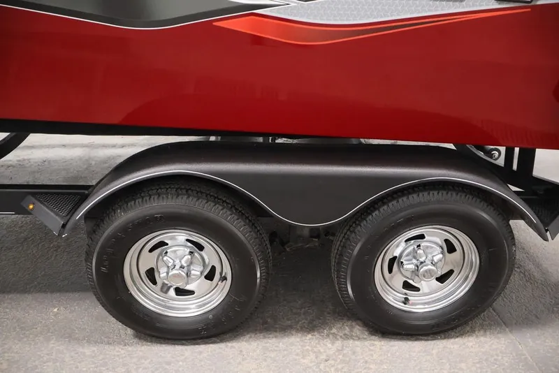 Slide: The Image of 2022 Tracker Targa V-19 WT trailer with dual wheels and red exterior. - 60