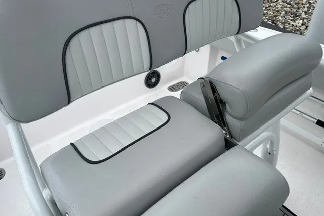 Slide: The Image of 2023 Sea Fox 248 Commander boat seating with gray upholstery and adjustable armrest. - 26