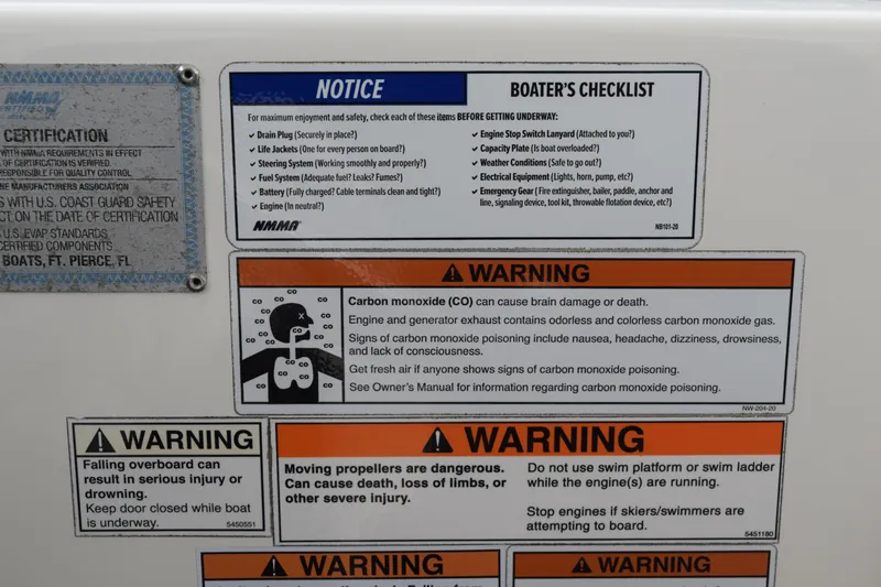 Slide: The Image of 2022 Pursuit OS 355 Offshore safety warnings and boater's checklist on display. - 293